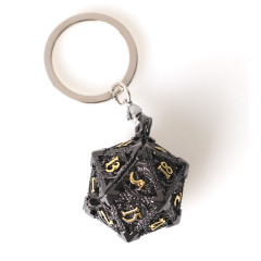 Porte clé métal D20 Noir Doré avec 7 mini dés (5mm)