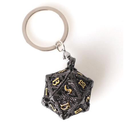 Porte clé métal D20 Noir Doré avec 7 mini dés (5mm)