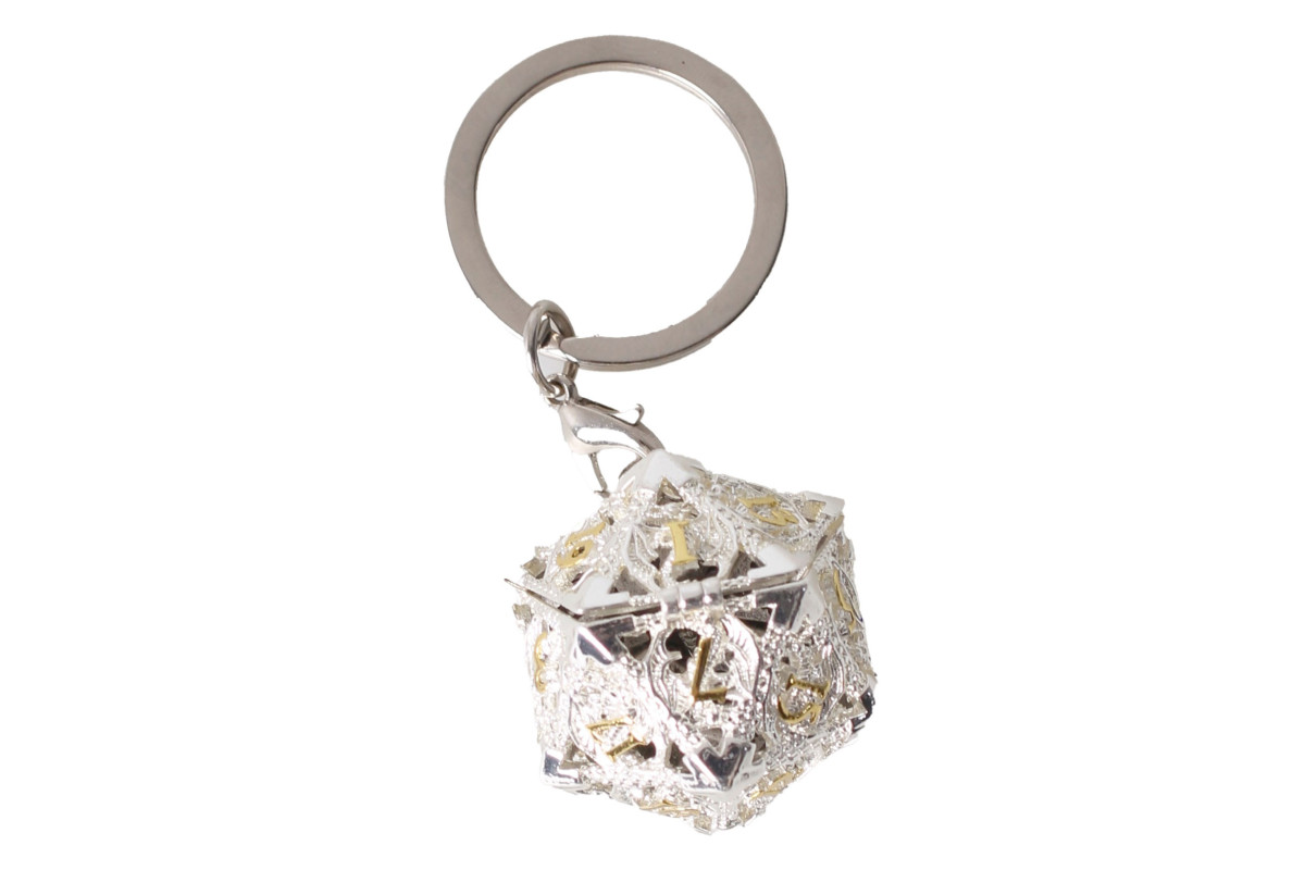 Porte clé D20 argenté avec 7 mini dés métal (5mm)