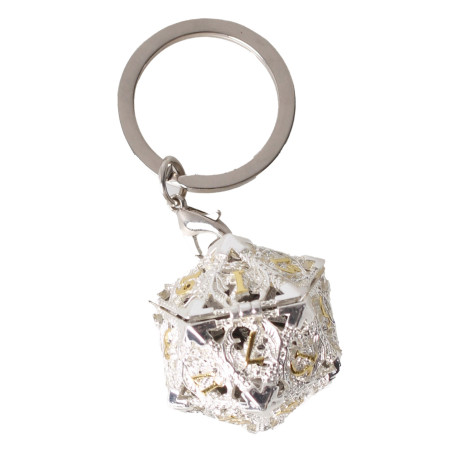 Porte clé D20 argenté avec 7 mini dés métal (5mm)