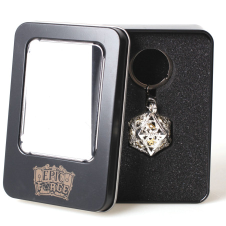 Porte clé D20 argenté avec 7 mini dés métal (5mm)