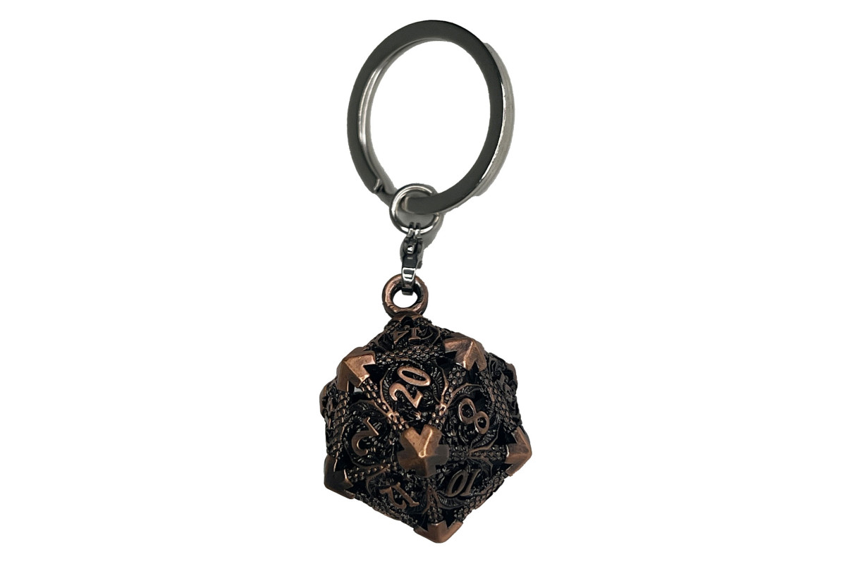 Porte clé D20 Rose Ancien avec 7 mini dés (5mm)