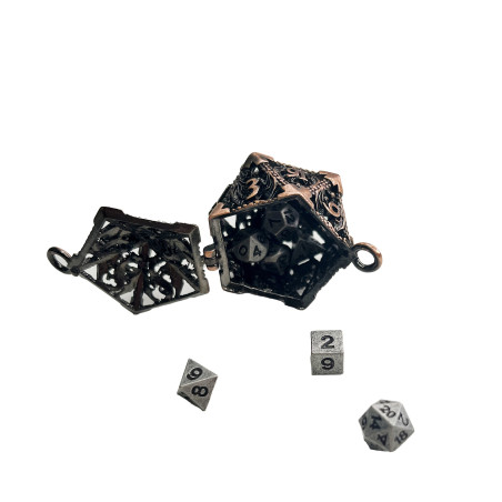 Porte clé D20 Rose Ancien avec 7 mini dés (5mm)
