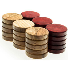Pions de Backgammon en olivier/rouges 36mm