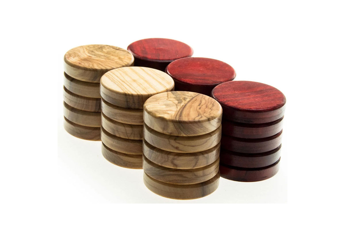 Pions de Backgammon en olivier/rouges 26mm