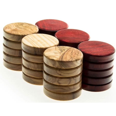 Pions de Backgammon en olivier/rouges 26mm