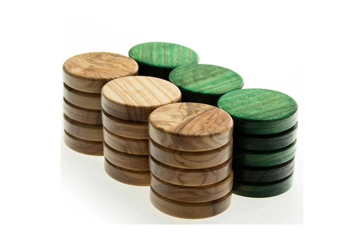 Pions de Backgammon en olivier/verts 26mm