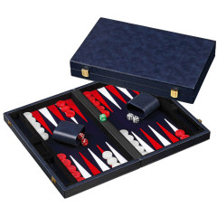 Backgammon feutrine bleue, mallette aspect cuir bleu 38cm