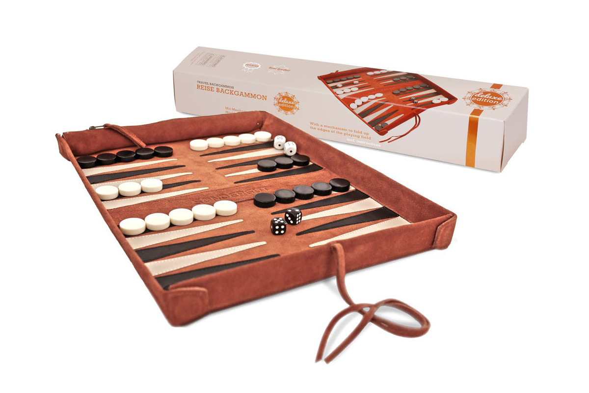 Backgammon de voyage en cuir deluxe Cognac (Sondergut)