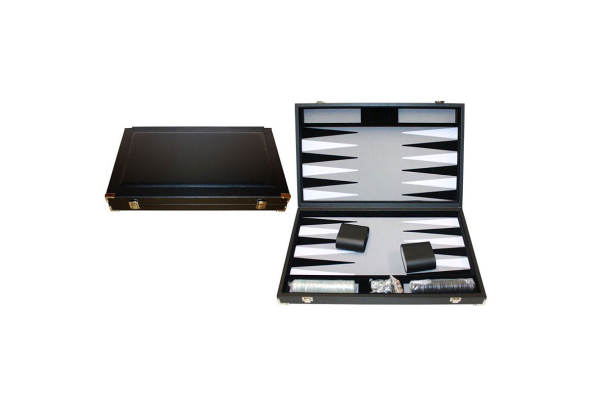Backgammon feutrine noire, mallette aspect cuir noir 46cm