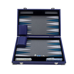 Backgammon feutrine bleu, mallette aspect cuir bleu 30cm