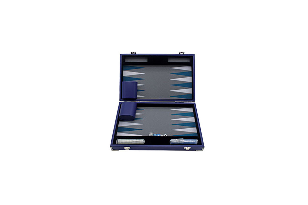 Backgammon feutrine bleu, mallette aspect cuir bleu 30cm