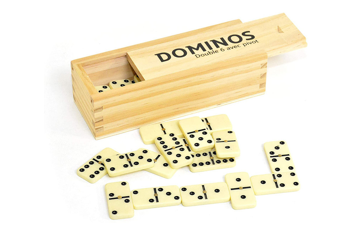 Dominos double 6 fins avec pivot, boîte bois