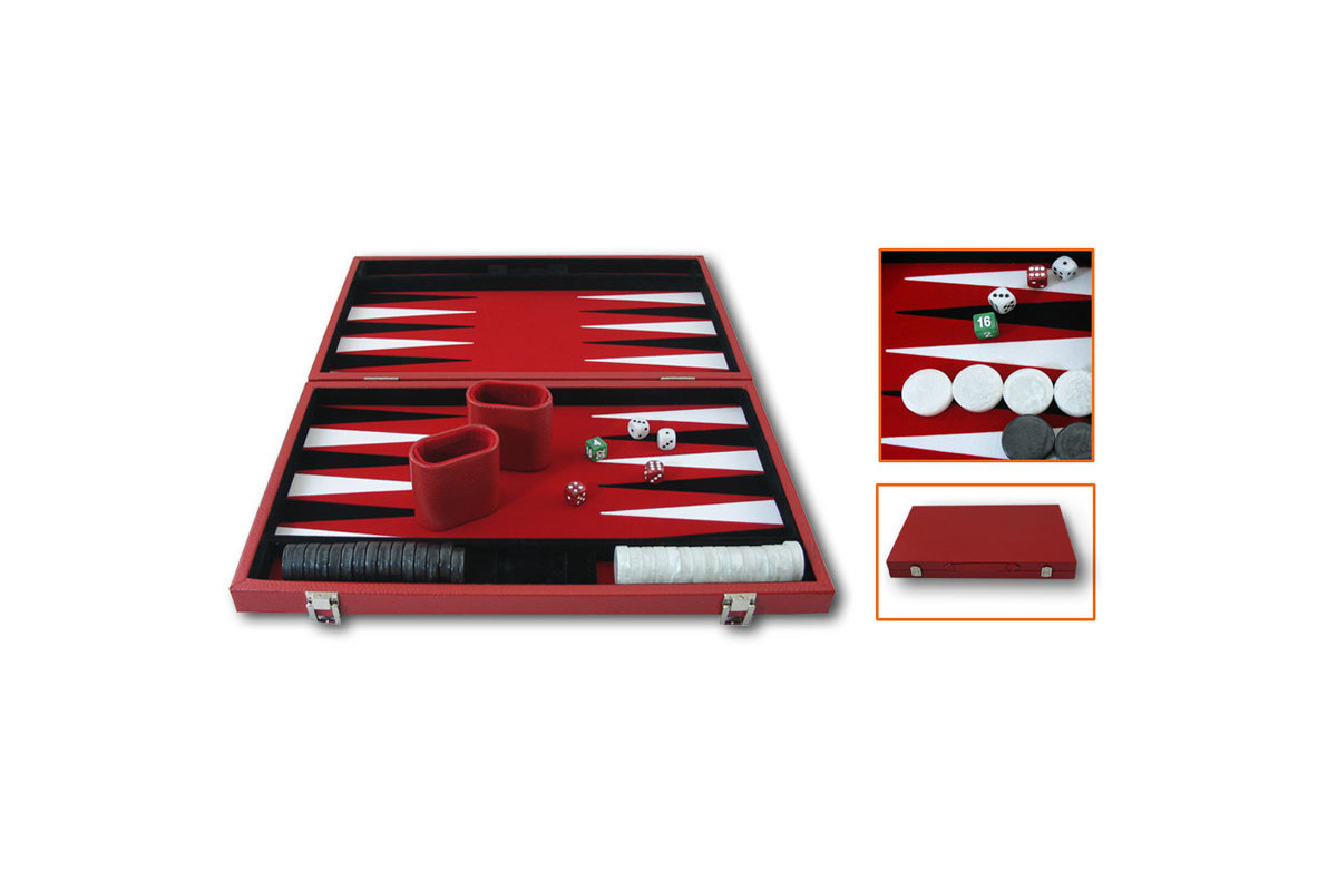 Backgammon feutrine rouge, mallette aspect cuir rouge 46cm