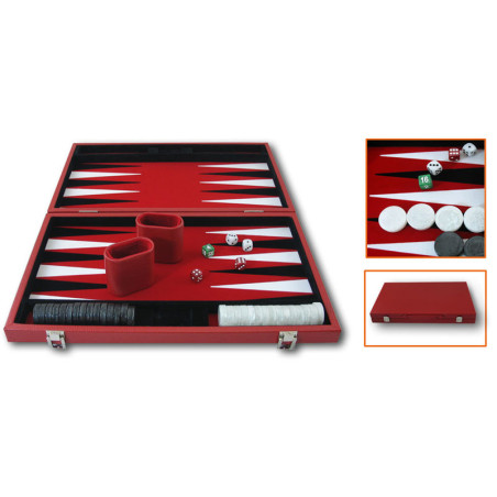 Backgammon feutrine rouge, mallette aspect cuir rouge 46cm
