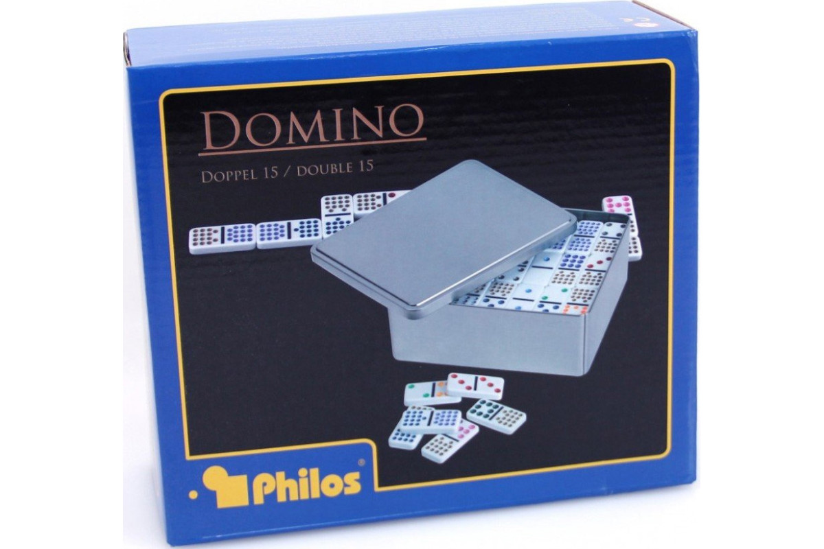 Domino, double 15, en boîte métallique